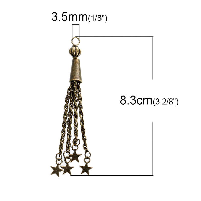 2 Bronze STAR Tassel Pendant Charms, gold plated metal, 3.25" long chb0425