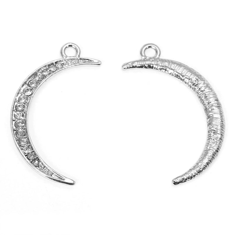 5 CRESCENT MOON Charm Pendants, Silver Metal with Rhinestones, 34x18mm, chs2337