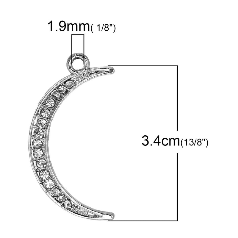 5 CRESCENT MOON Charm Pendants, Silver Metal with Rhinestones, 34x18mm, chs2337