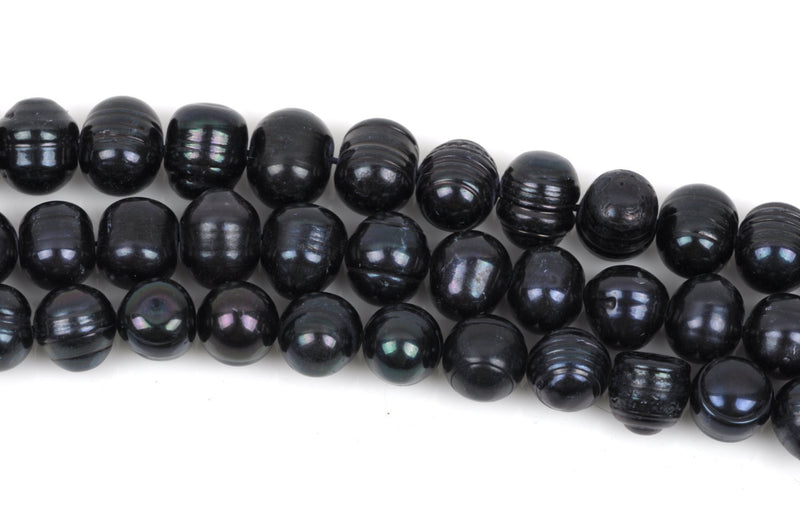 9mm to 10mm Cultured Freshwater Round Potato Pearls, Black with Peacock Sheen, full strand, about 50 beads, gpe0036