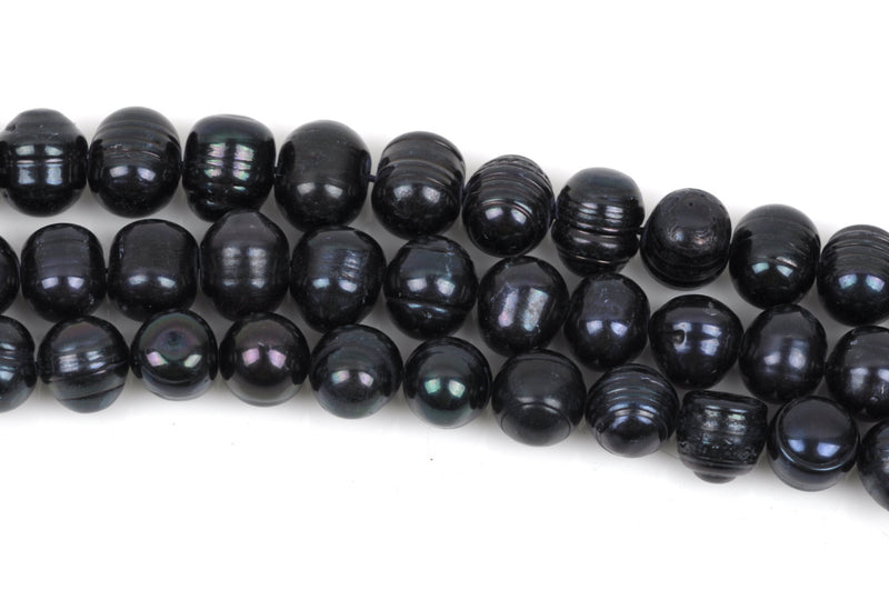 8mm to 9mm Cultured Freshwater Round Potato Pearls, Black with Peacock Sheen, full strand, about 50 beads, gpe0037