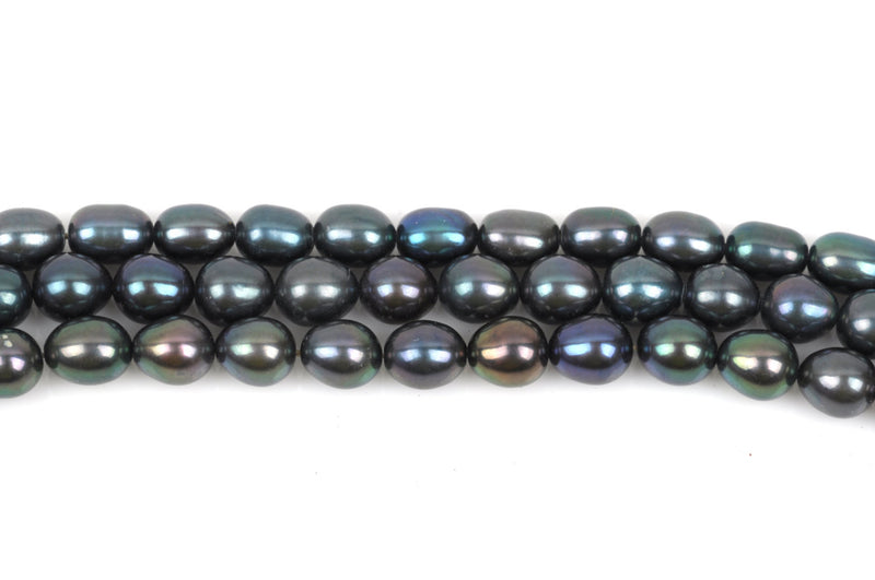 8mm to 9mm Cultured Freshwater Rice Pearls, Black with Peacock Sheen, full strand, about 34 beads, gpe0040