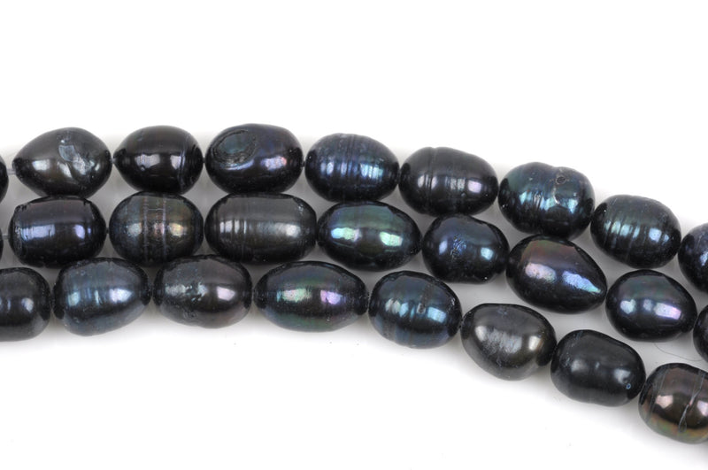 8mm to 9mm Cultured Freshwater Rice Pearls, Black with Peacock Sheen, full strand, about 34 beads, gpe0040