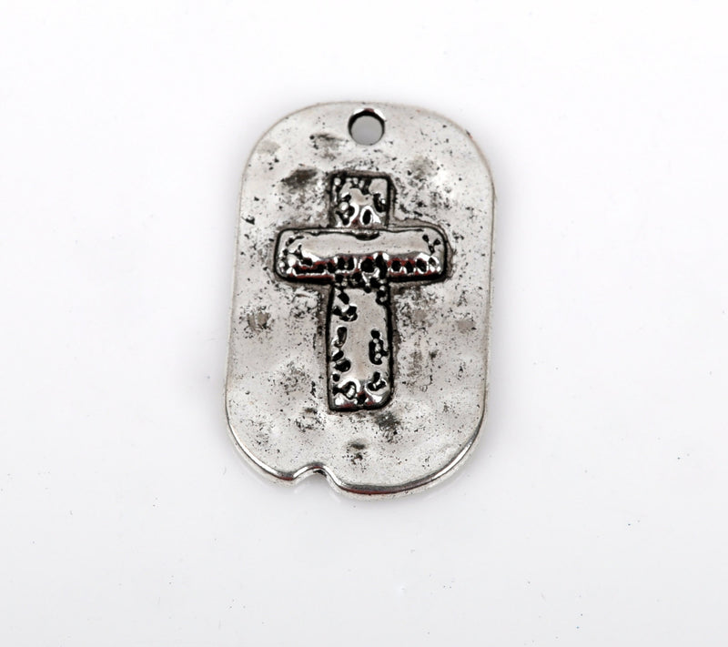 5 Silver Rustic Cross Dog Tag Charm Pendants, Metal Cross Charms, Hammered Metal, Embossed Cross, 29x18mm, chs2344