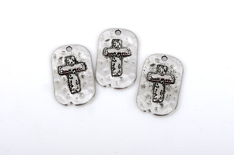 5 Silver Rustic Cross Dog Tag Charm Pendants, Metal Cross Charms, Hammered Metal, Embossed Cross, 29x18mm, chs2344