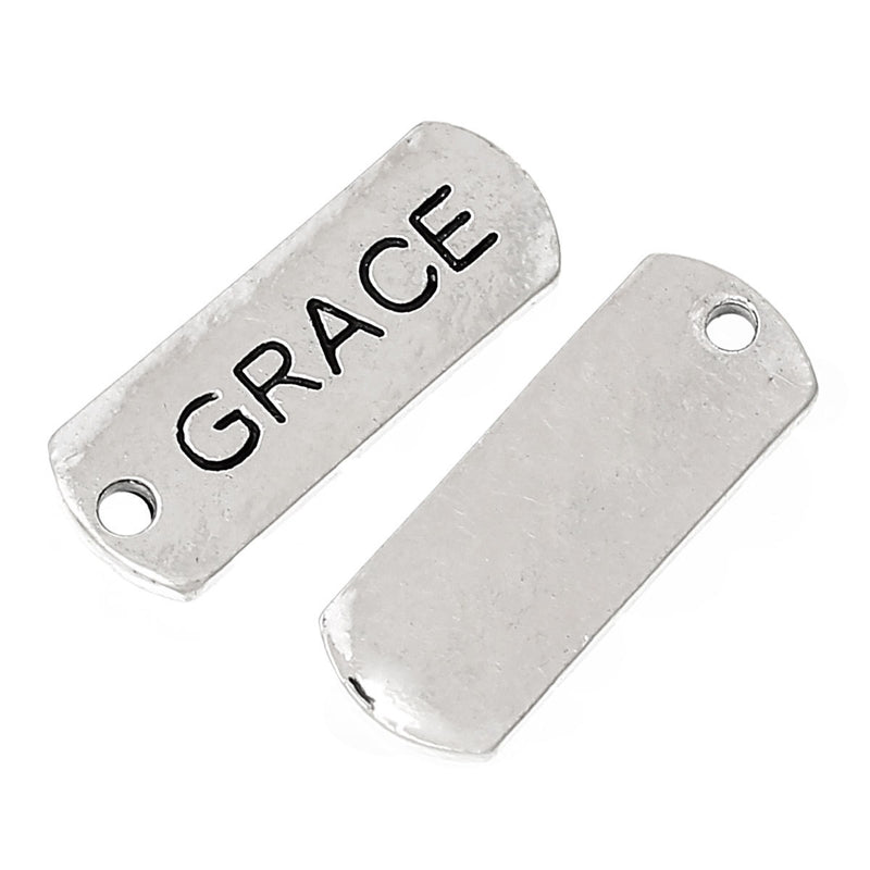 10 Antique Silver GRACE Stamped Rectangle Charms, Jewelry Tags, 5/8" long chs2351