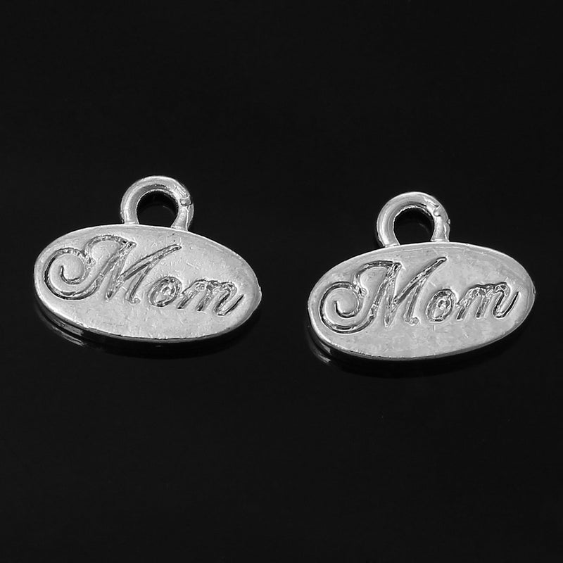 10 Silver MOM Charm Pendants, Mothers Day Charms, Mother Charms, Oval Charms, 13mm, chs2354