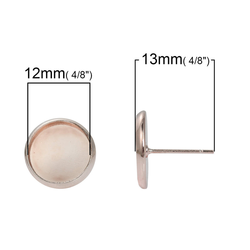 10 (5 pairs) ROSE GOLD cabochon bezel setting earring post components, fits 12mm round inside bezel, fin0542