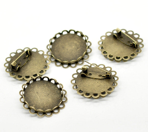 10 Bronze Filigree Brooch Pins with Bezel Cabochon Tray, 1" Bezel Tray (fits 25mm) pin backs, pin blanks, pin0100