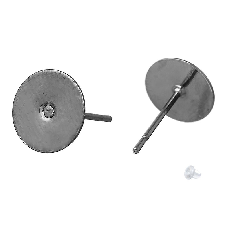 200 Gunmetal Post Earring Blanks, includes Rubber Stopper backers,  (100 pairs), fits 8mm round cabochon, fin0545b