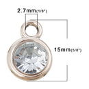 20 Rose Gold Rhinestone Drop Charms, 11mm circle with acrylic rhinestone embedded in center, base is plastic acrylic, cha0182