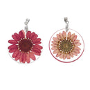 2 Acrylic Pendants, Natural REAL FLOWERS, Hot Pink Flower with leaves, circle disc shape, silver bail, 1-1/4" diameter cha0187
