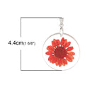 2 Acrylic Pendants, Natural REAL FLOWERS, Coral Red Flower with leaves, circle disc shape, silver bail, 1-1/4" diameter cha0185