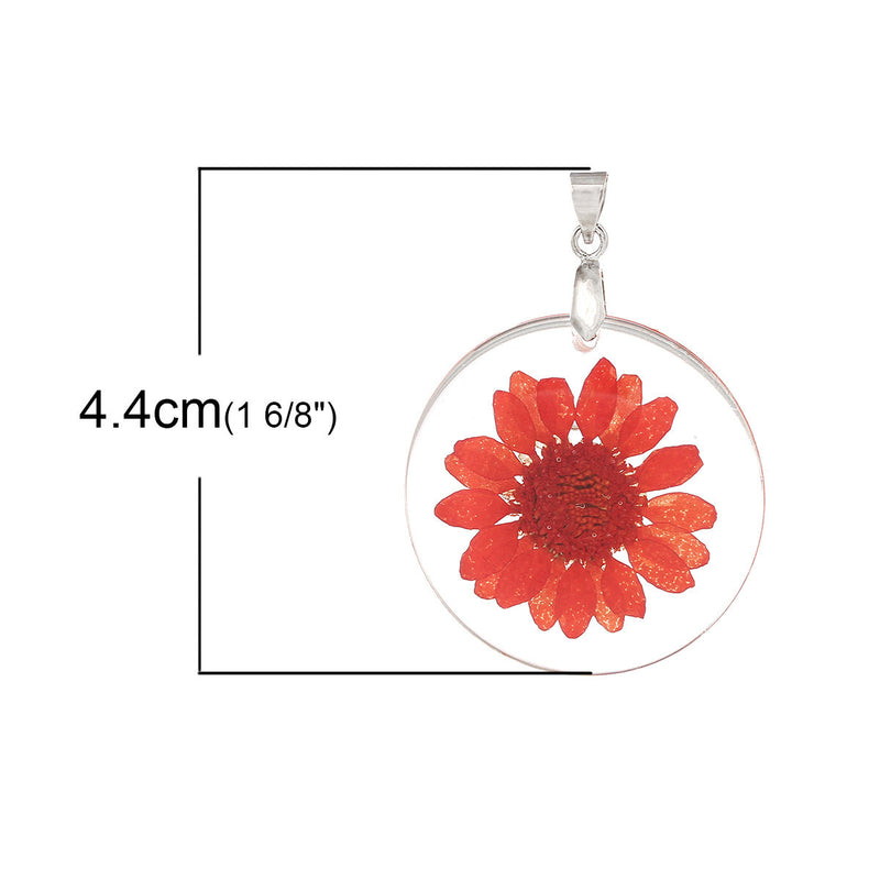 2 Acrylic Pendants, Natural REAL FLOWERS, Coral Red Flower with leaves, circle disc shape, silver bail, 1-1/4" diameter cha0185