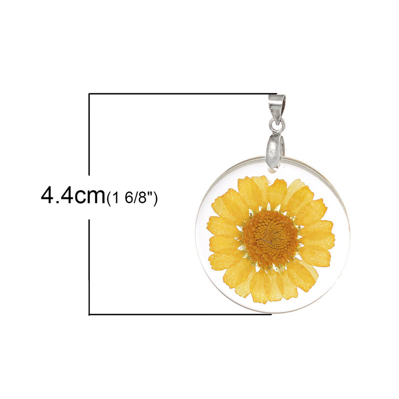 2 Acrylic Pendants, Natural REAL FLOWERS, Yellow Flower with leaves, circle disc shape, silver bail, 1-1/4" diameter cha0186