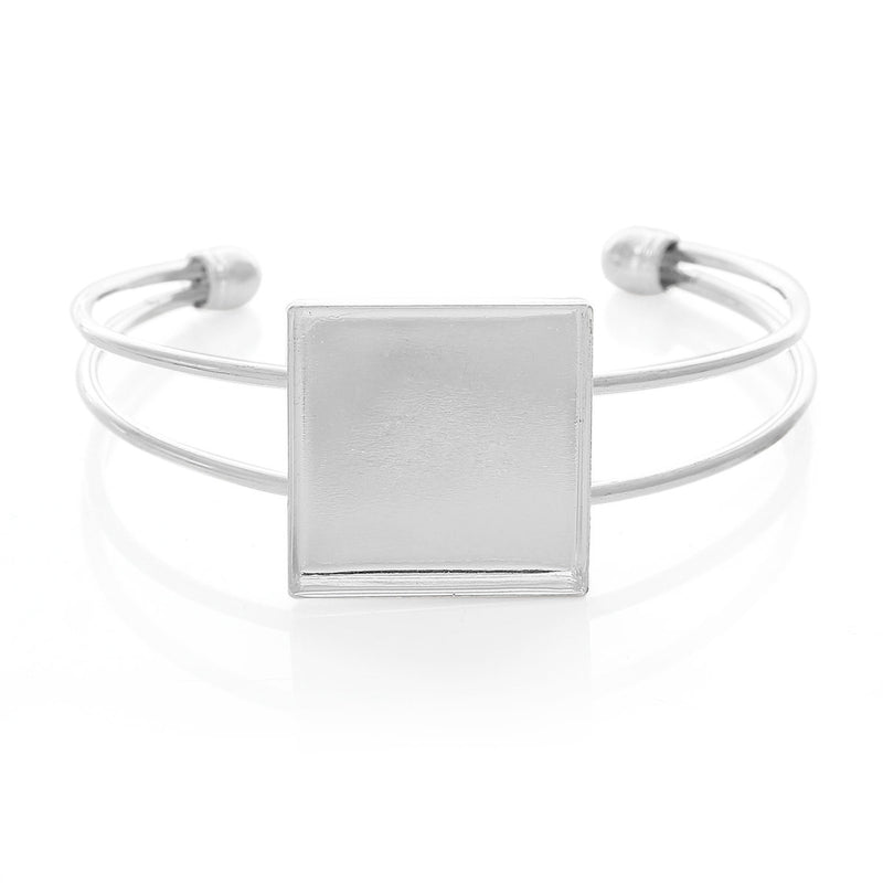 1 BANGLE Cuff Bracelet with 25mm (1") Square Bezel Tray, silver plated metal, for Cabochon Setting, 25mm (1 inch) fin0549a