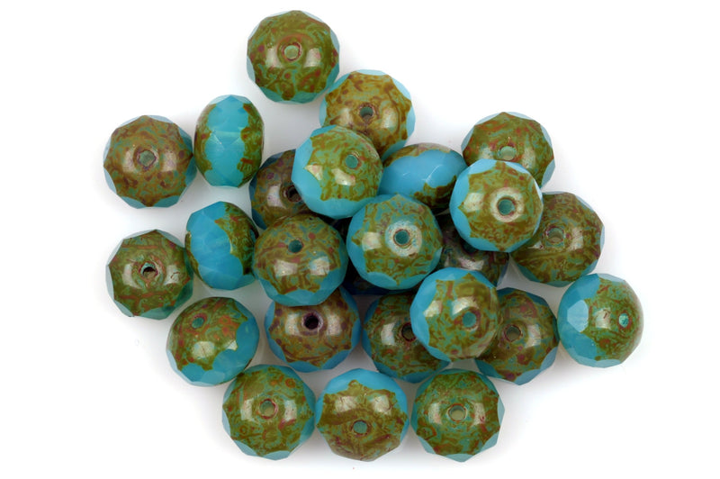 25 BLUE GREEN Rondelles Czech Glass Beads, Picasso, 8mm, bgl1383
