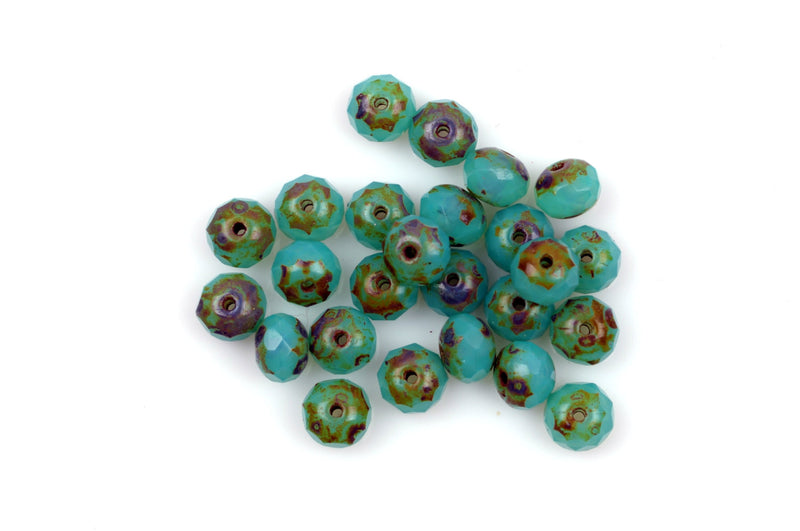25 Rondelle Czech Pressed Glass Beads, 6mm faceted, turquoise blue green Picasso bgl1396