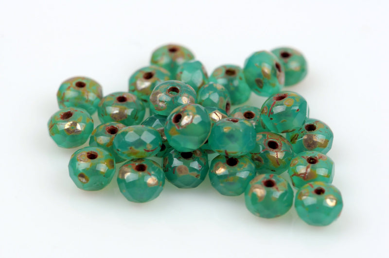 30 Rondelle Czech Pressed Glass Beads, 5mm faceted, turquoise blue green Picasso bgl1398