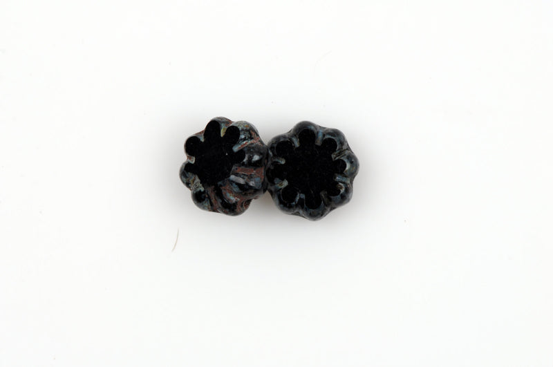 25 Black Picasso FLOWER Czech Pressed Glass Beads, 9mm diameter, bgl1394