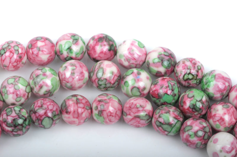 12mm MOSAIC HOWLITE Round Beads, pink, green, white, full strand, 33 beads, how0480