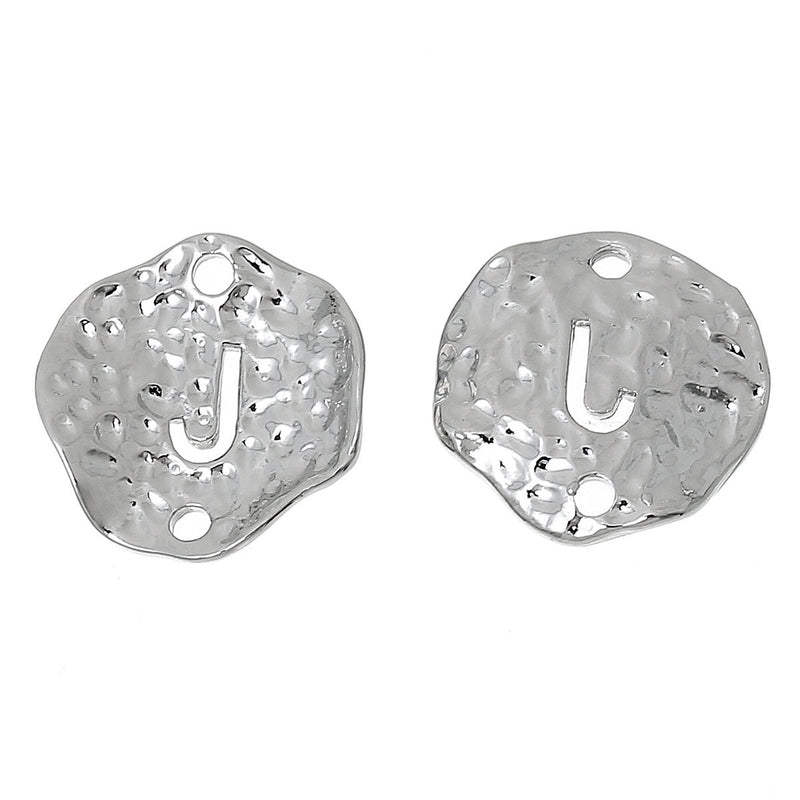 5 Silver letter J connector Charms, Monogram J Charms, Alphabet, hammered metal, 1/2" diameter domed connector links, findings, chs2370