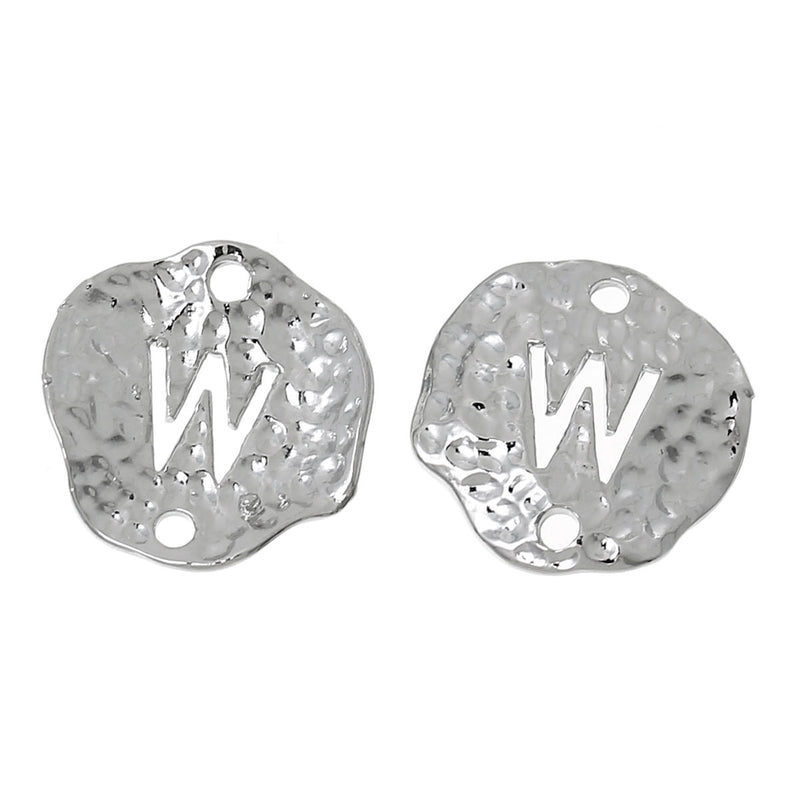 5 Silver letter W connector Charms, Monogram W Charms, Alphabet, hammered metal, 1/2" diameter, domed connector links, findings, chs2374