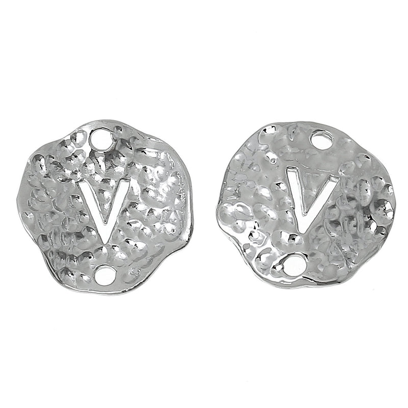 5 Silver letter V connector Charms, Monogram V Charms, Alphabet, hammered metal, 1/2" diameter domed connector links, findings, chs2377