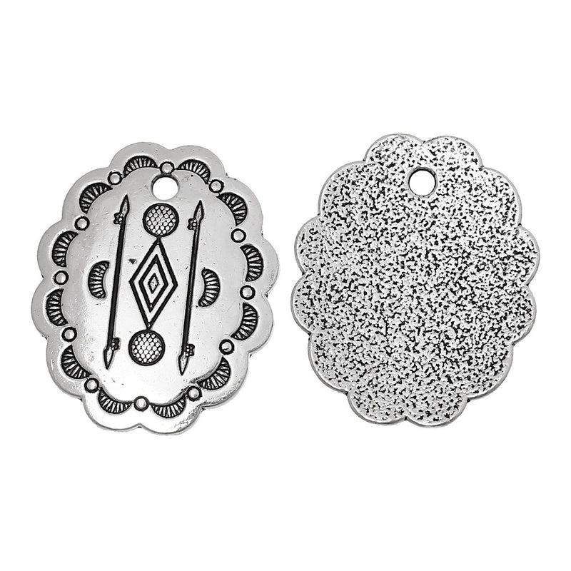 5 Silver Oval Concho Charm Pendants, Southwestern style, tribal charms, 33mm (1-1/4" long) chs2381