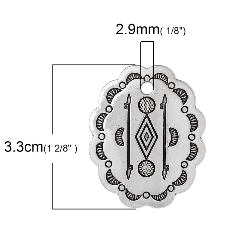 5 Silver Oval Concho Charm Pendants, Southwestern style, tribal charms, 33mm (1-1/4" long) chs2381