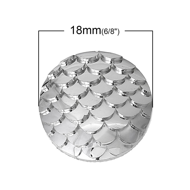 18mm MERMAID FISH Scale Cabochons, Round Resin Metallic, metallic silver, 10 pieces, 11/16"  cab0420