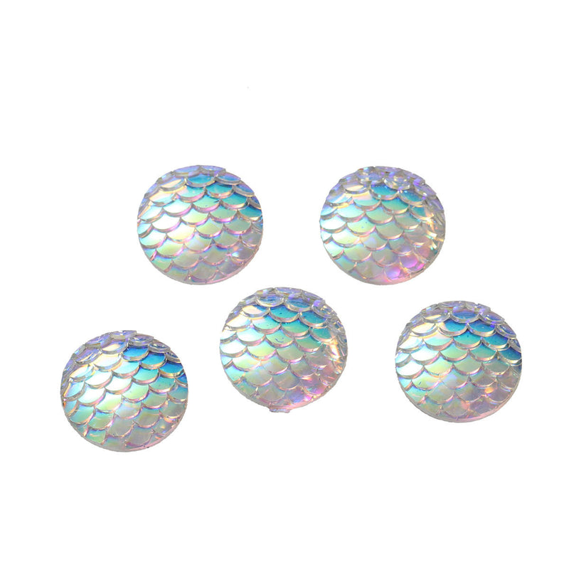12mm MERMAID FISH Scale Cabochons, Round Resin Metallic, Clear AB iridescent, 10 pieces, 1/2"  cab0496a