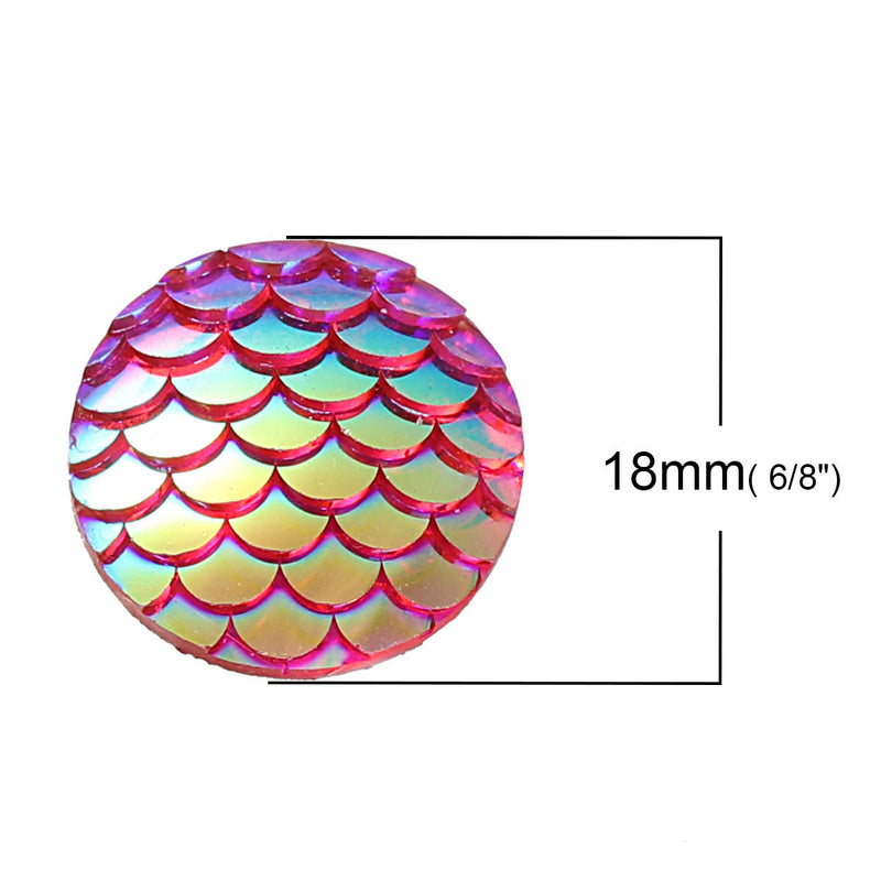 18mm MERMAID FISH Scale Cabochons, Round Resin Metallic, Pink AB iridescent, 10 pieces, 11/16"  cab0425