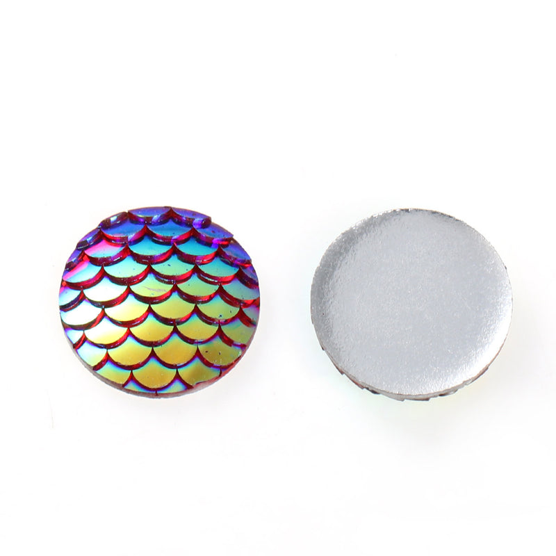 18mm MERMAID FISH Scale Cabochons, Round Resin Metallic, Red AB iridescent, 10 pieces, 11/16"  cab0426