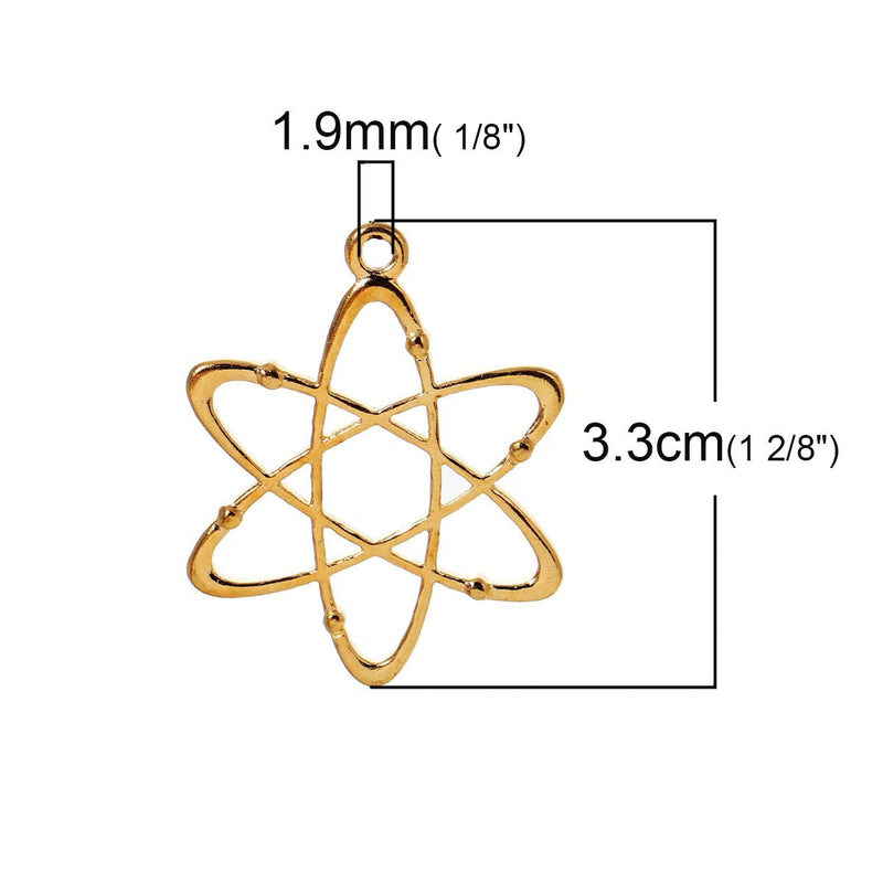 5 ATOM Molecule Chemistry Charms, Gold Tone Charm Pendants, Atomic Energy Science Charms, Nuclear Energy, 33x26mm, chg0400