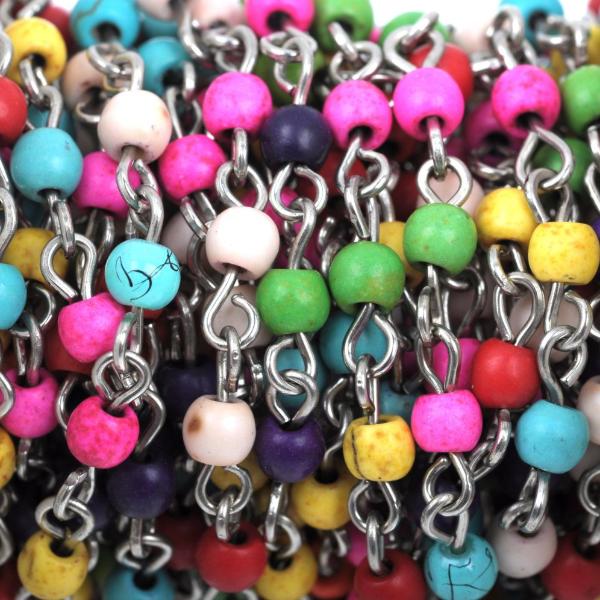 1 yard Rainbow Howlite Rosary Chain, silver, 4mm round stone beads fch0409a