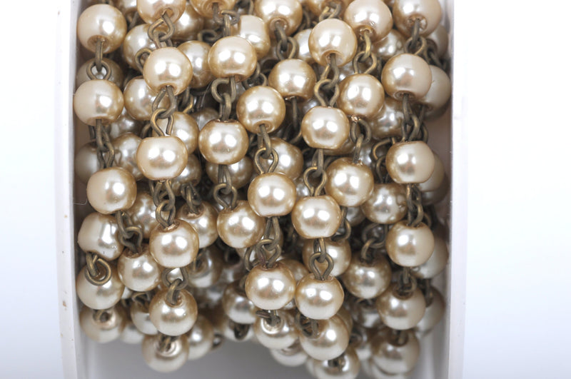 1 yard Taupe Light Brown Pearl Rosary Chain, bronze wire, 6mm round glass pearl beads, fch0413a