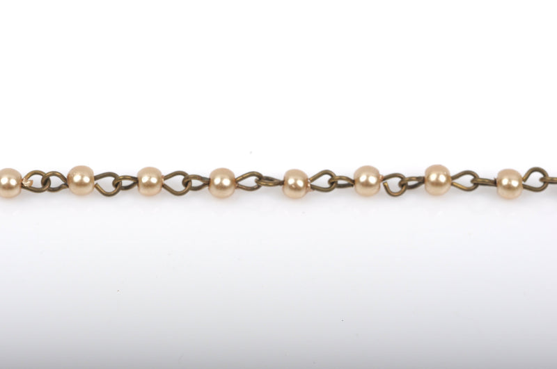 1 yard Taupe Light Brown Pearl Rosary Chain, bronze wire, 4mm round glass pearl beads, fch0414a