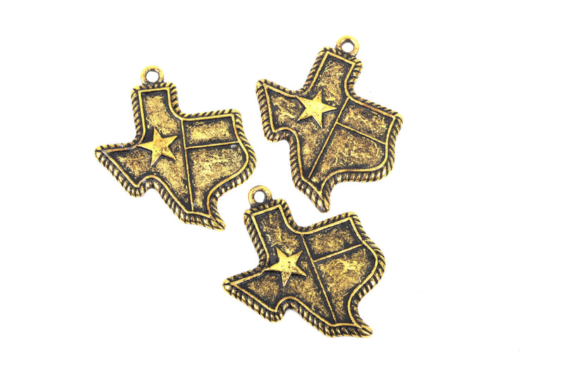 10 TEXAS FLAG Charms, Texas State Cutout Charm Pendants, Antiqued Gold Metal, 38x32mm, chg0405