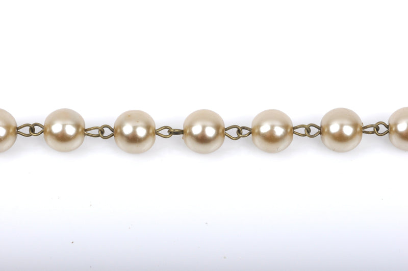 1 yard Taupe Pearl Rosary Chain, bronze, 12mm round glass pearl beads, fch0420a