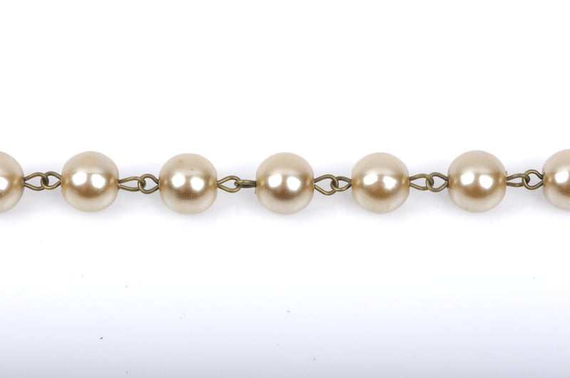 10 feet (3.33 yards) Taupe Pearl Rosary Chain, bronze, 12mm round glass pearl beads, fch0420b