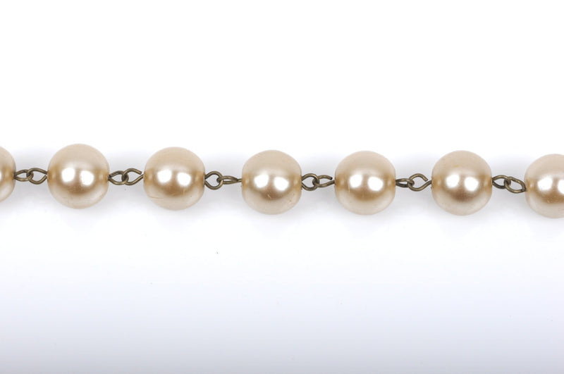 1 yard Taupe Pearl Rosary Chain, bronze, 10mm round glass pearl beads, fch0421a