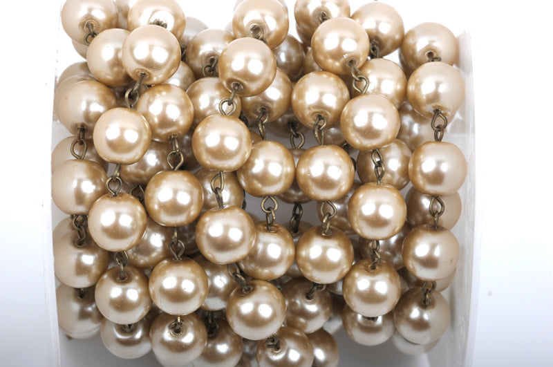 1 yard Taupe Pearl Rosary Chain, bronze, 10mm round glass pearl beads, fch0421a