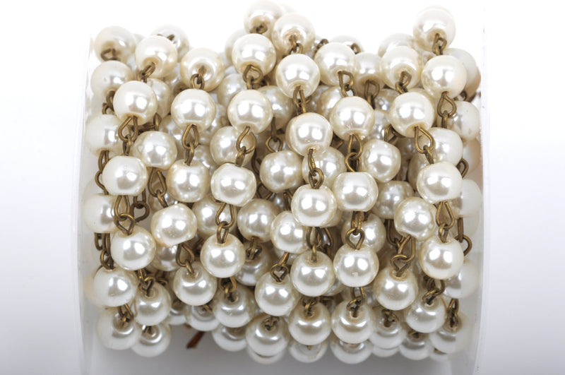 1 yard Ivory Off-White Pearl Rosary Chain, bronze wire, 8mm round glass pearl beads, fch0425a