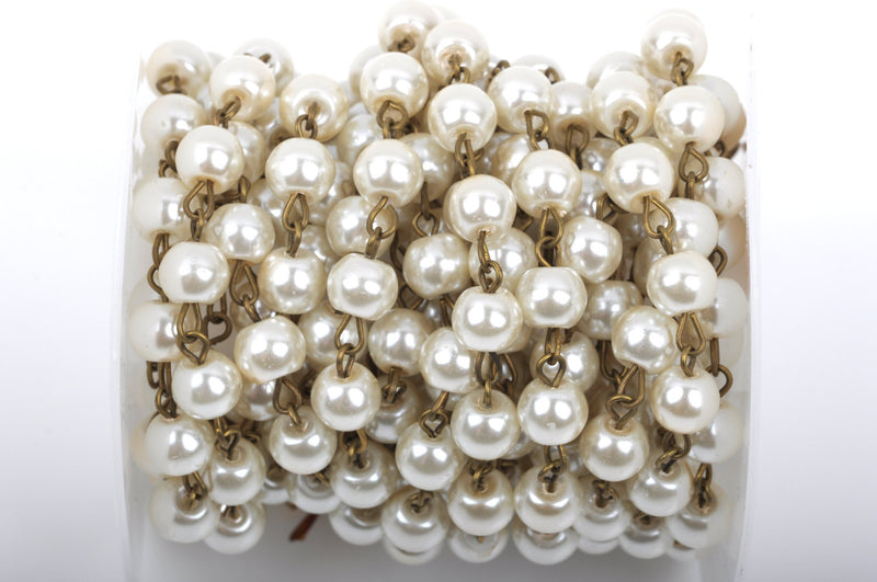 11 feet (3.67 yards) Ivory Off-White Pearl Rosary Chain, bronze wire, 10mm round glass pearl beads, fch0427b