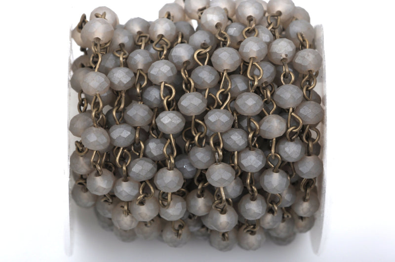 1 yard FROSTED GREY Crystal Rondelle Rosary Chain, bronze, 6mm faceted rondelle glass beads, fch0431a