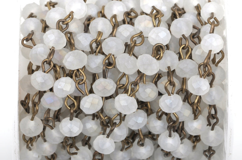 13 feet (4.33 yards) FROSTED WHITE Crystal Rondelle Rosary Chain, bronze, 6mm faceted rondelle glass beads, fch0432b