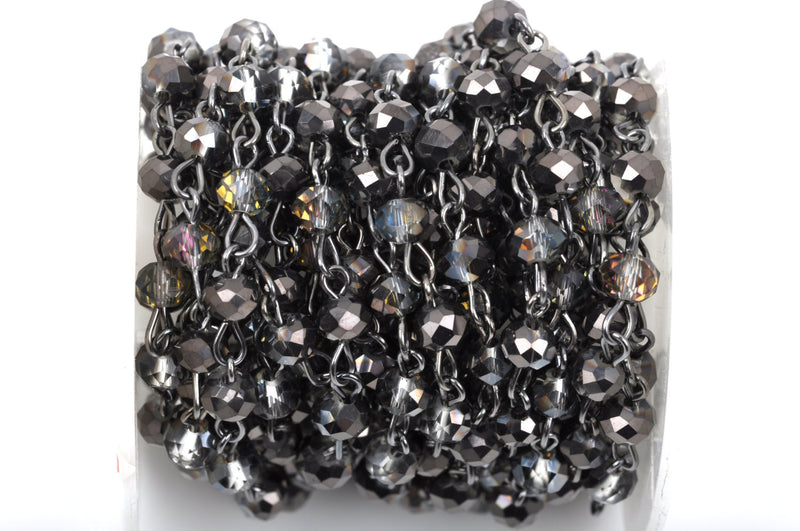 1 yard Smoky Grey AB Crystal Rondelle Rosary Chain, gunmetal, 6mm faceted rondelle glass beads, fch0433a