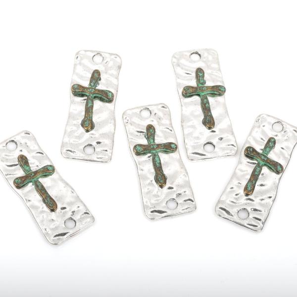 5 CROSS Charms Pendants, 2 hole bracelet connector links, silver base with green patina cross, rustic hammered metal, 37x15mm, chs2392