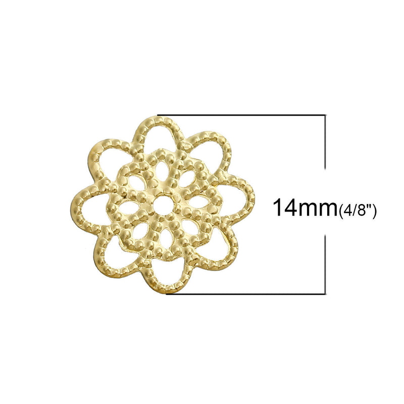 100 GOLD Flower Filigree Embellishments Findings, bright gold charms, 14x14mm, fil0063
